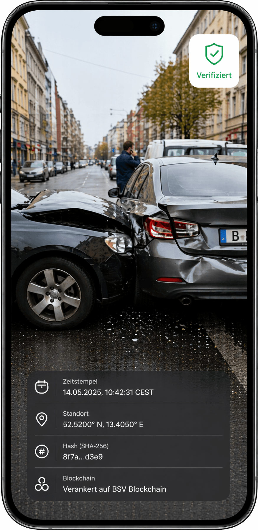 ALIBI Demo: verifiziertes Unfallfoto mit Zeitstempel, GPS, SHA-256-Hash und BSV-Blockchain-Anker